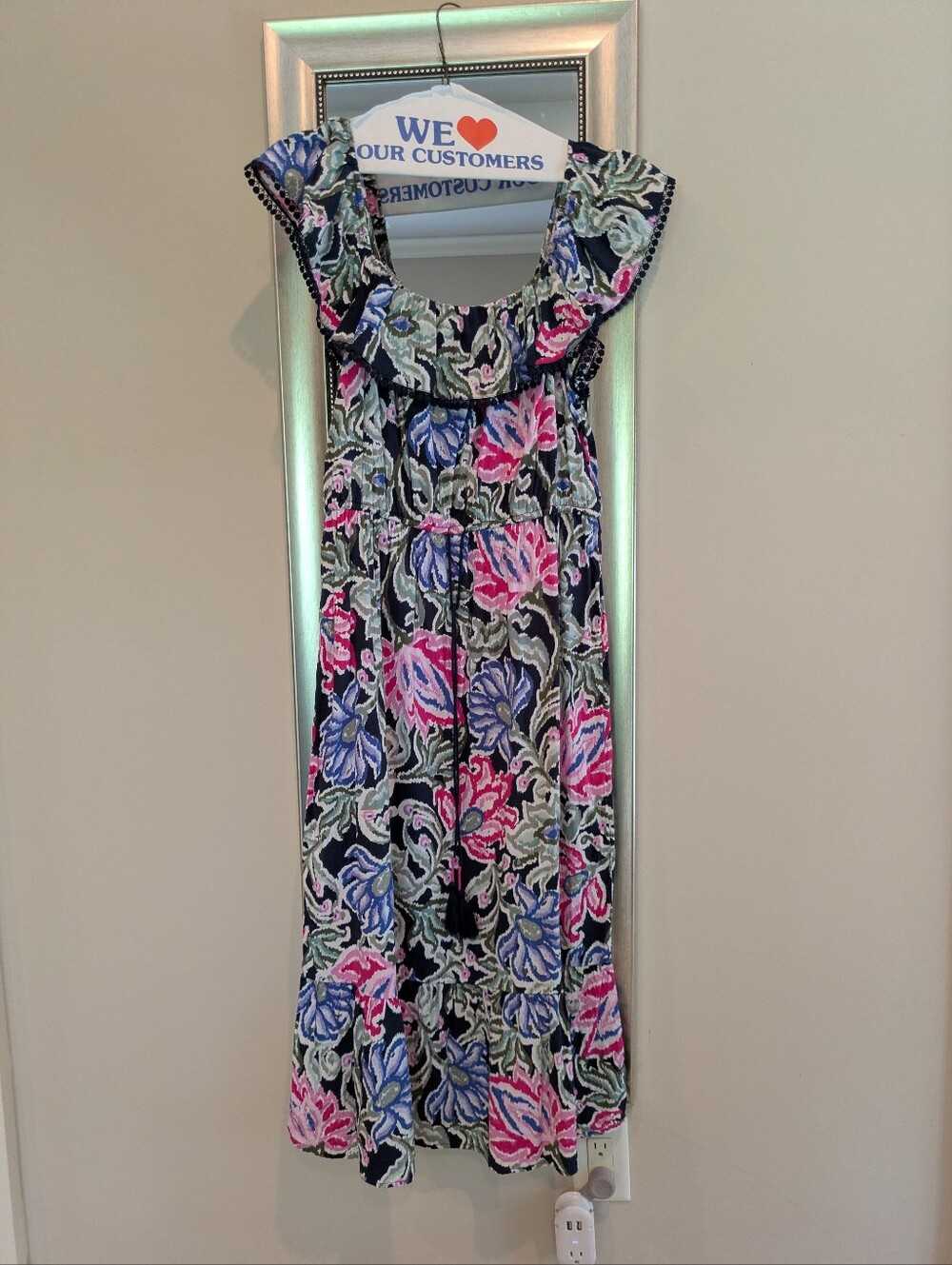 LOFT Navy Floral Ruffle Dress with Pom Poms Medium